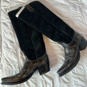 Vintage Frye Black Suede and Distressed Leather Tall Cowboy Boot, Size 8